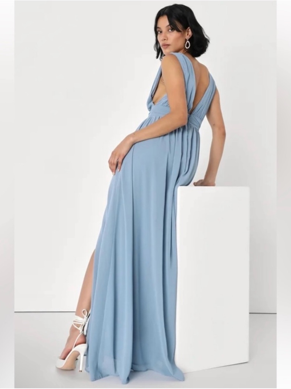 Lulus Heavenly Hues Light Blue Elegant Grecian Maxi Plunging Formal Gown Sz XL